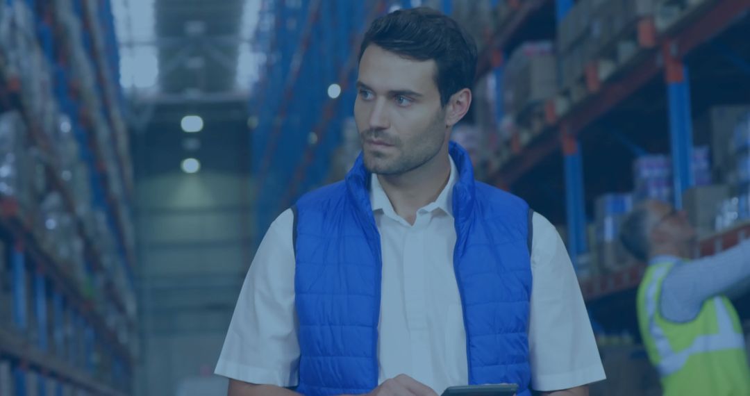 Warehouse Supervisor Inspecting Inventory in Storage Aisle