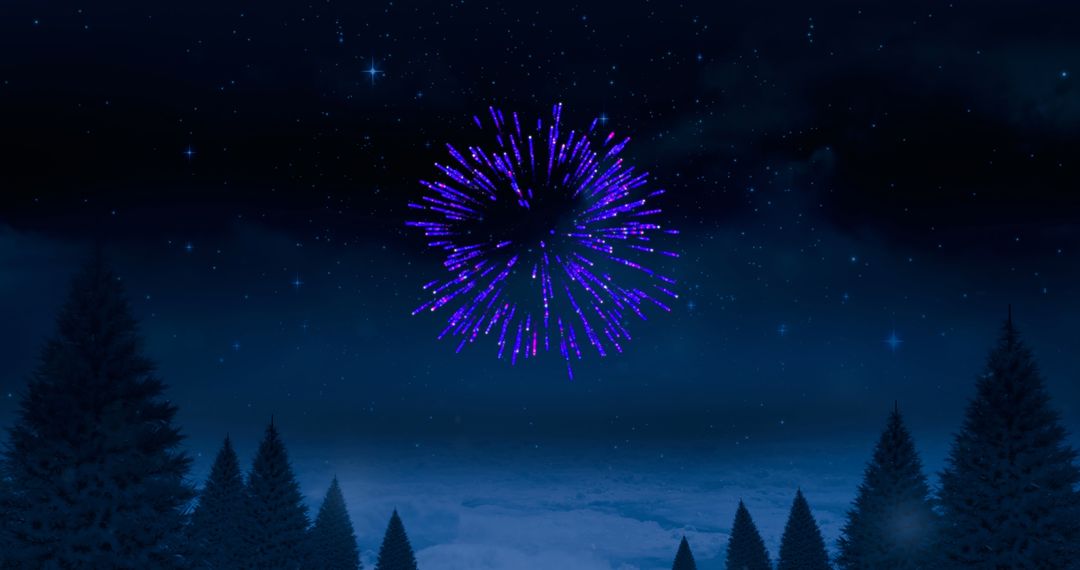 Purple Fireworks Exploding Above Forest in Night Sky