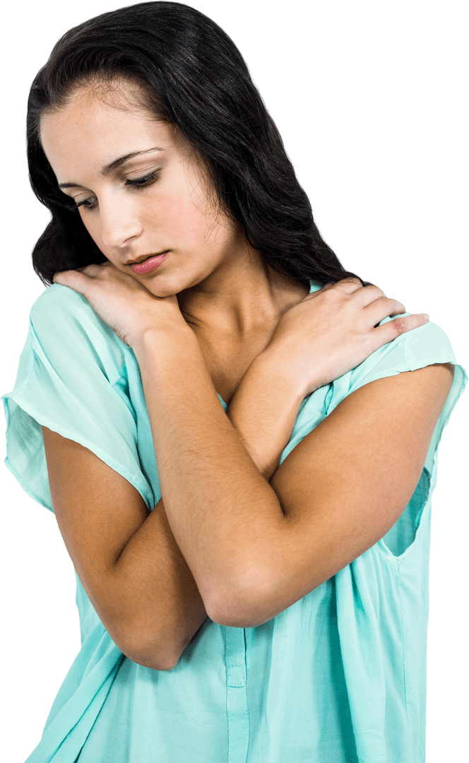 Transparent Image of a Sad Woman Embracing Herself with Closed Eyes