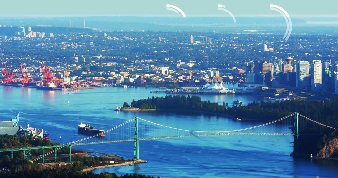 Futuristic Digital Design Overlay on Cityscape with Harbor