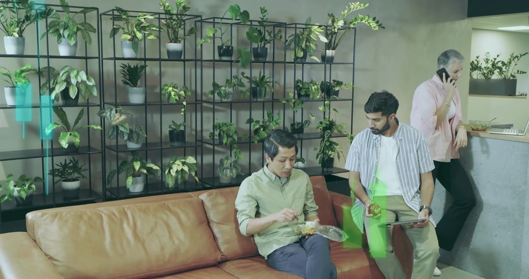 Casual Office Lounge with Relaxing Green Environment and Diverse Team