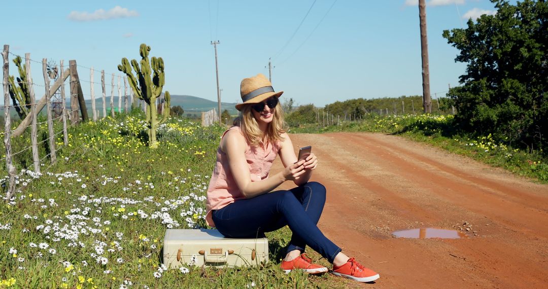 Woman Enjoying Nature While Using Smartphone on Rural Road - Free Images, Stock Photos and Pictures on Pikwizard.com