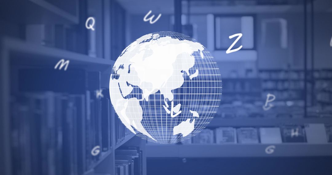 Spinning Globe in Library with Floating Letters