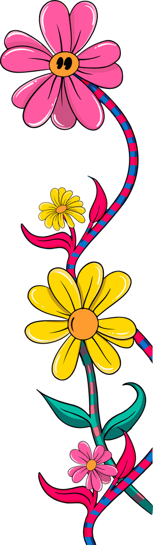 Whimsical Floral Vine with Colorful Daisies on Transparent Background