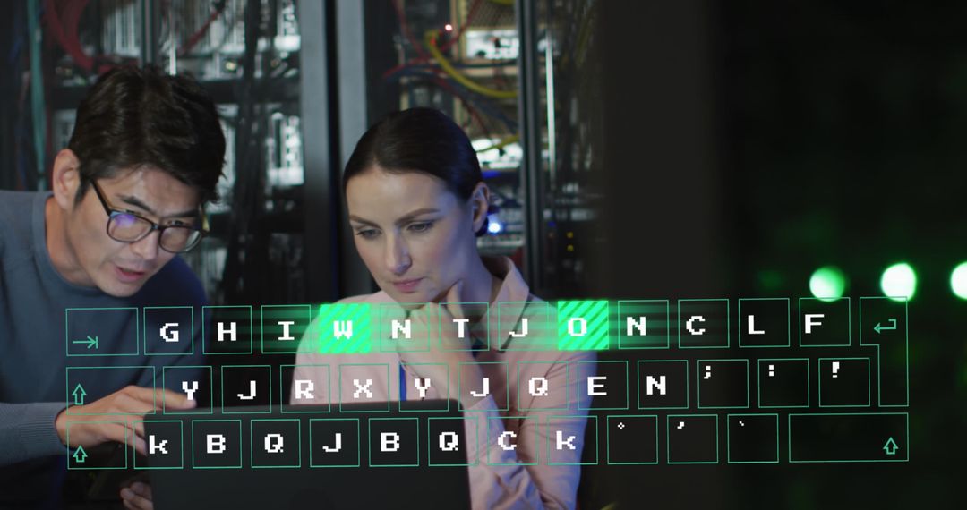 Diverse professionals analyzing code in modern server room