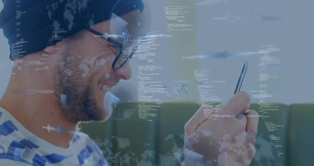 Smiling man wearing beanie glasses using smartphone with digital code data overlays