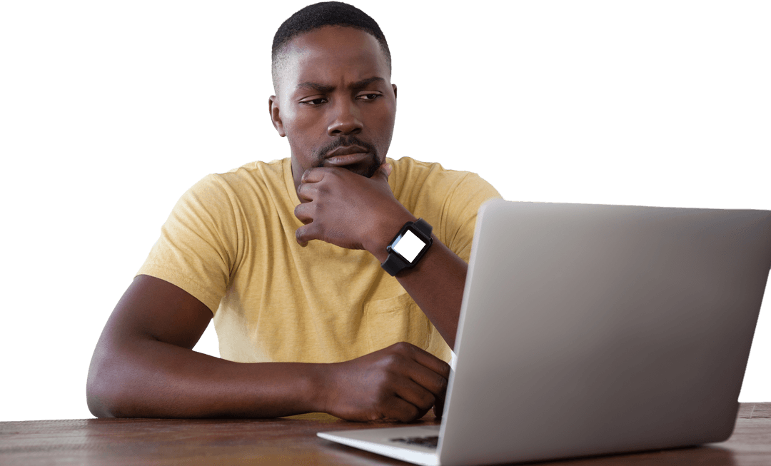 Thoughtful Man in Yellow Shirt Working on Transparent Background