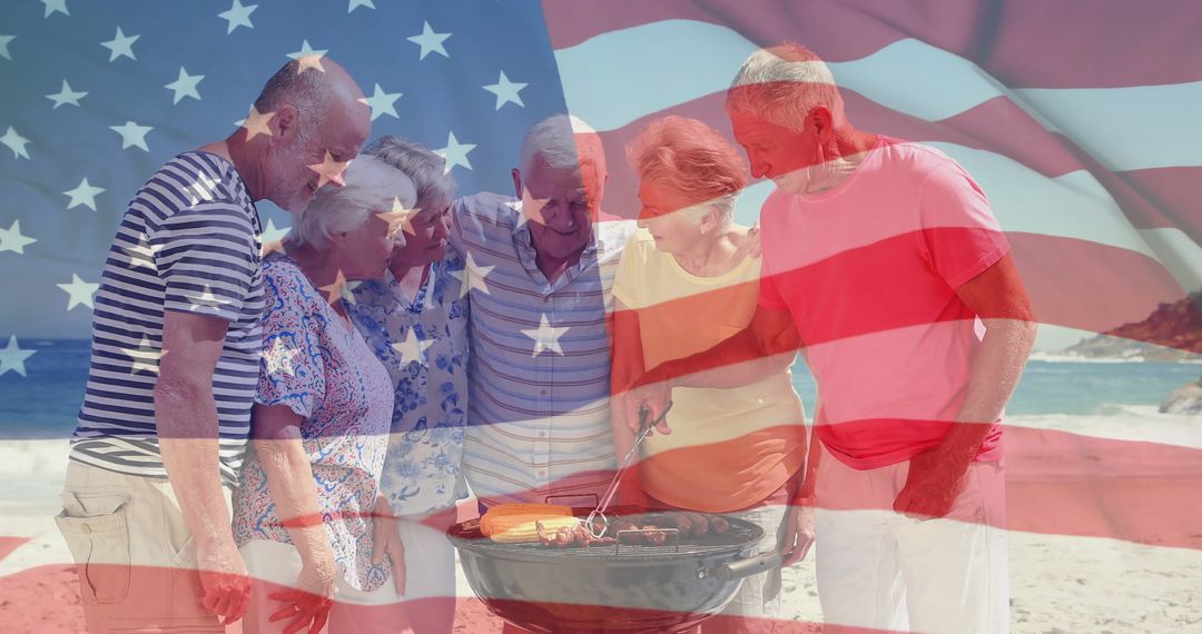 Senior Friends Grilling on Beach in Summer with USA Flag Overlay