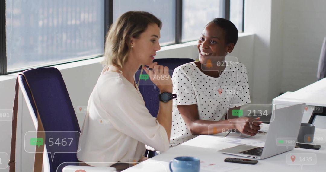 Coworkers Collaborating in Modern Office with Digital Interaction Overlays