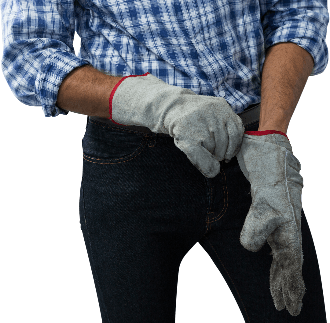 Caucasian Man Wearing Work Gloves on Transparent Background