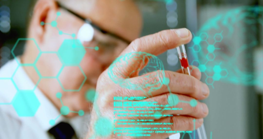 Scientist Analyzing Blood Sample with Digital Overlay