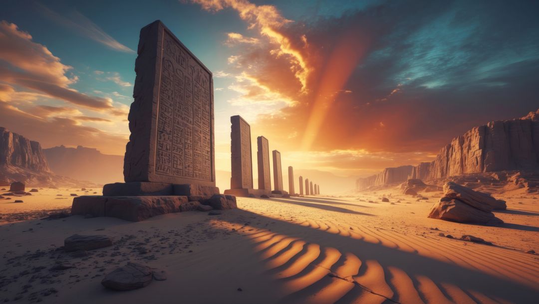 Sunset illuminates ancient carved monoliths in desert ruins - echoes of the ten commandments