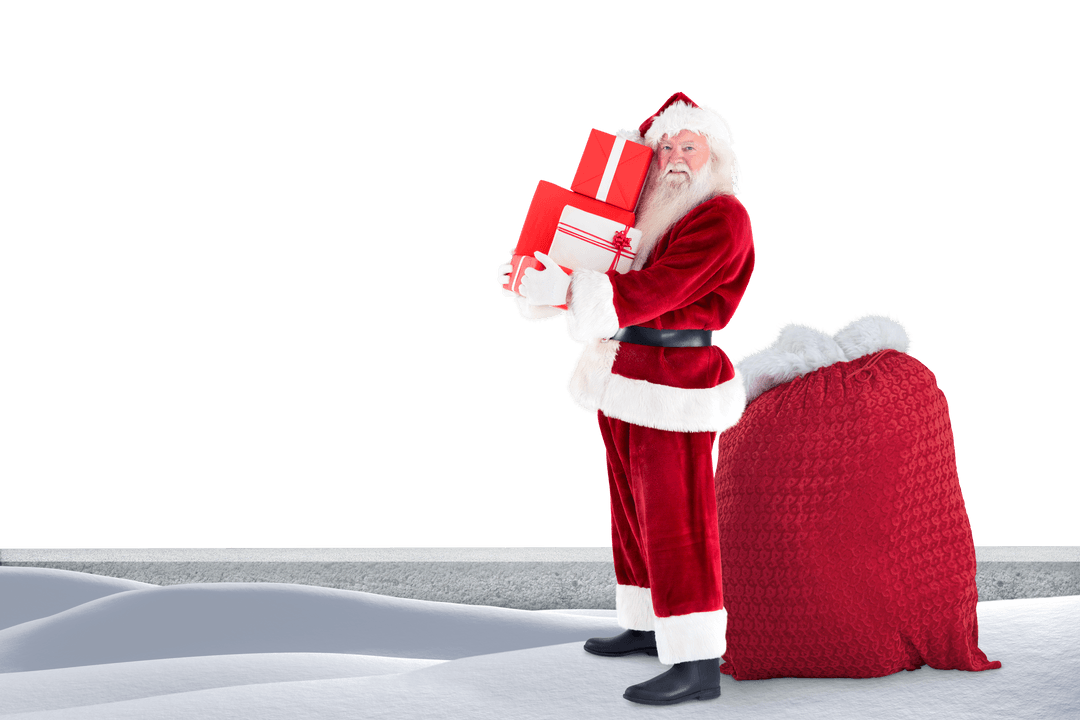 Transparent Santa Claus Holding Gifts with Large Red Sack