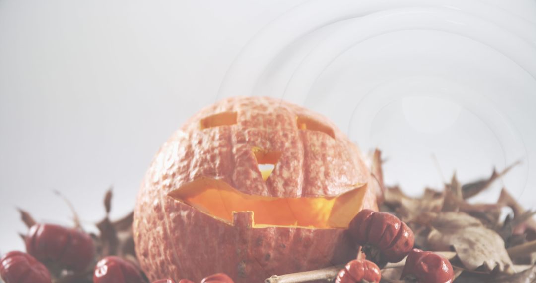 Halloween Pumpkin with Leaves and Autumn Fruits