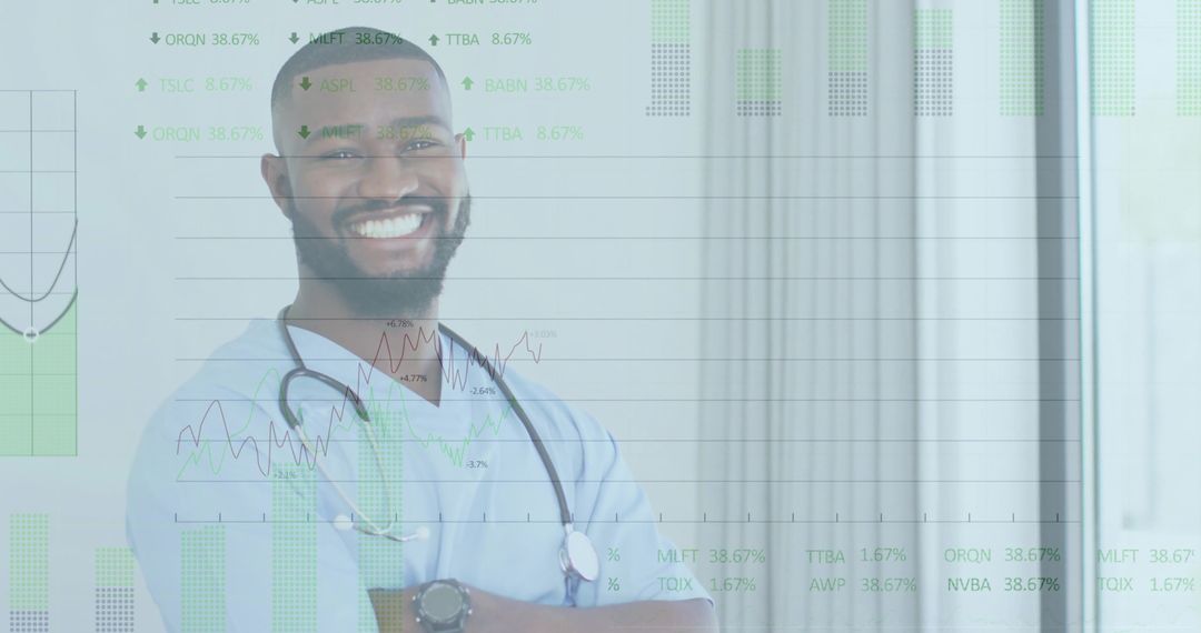 Smiling Medical Professional with Financial Data Charts Background