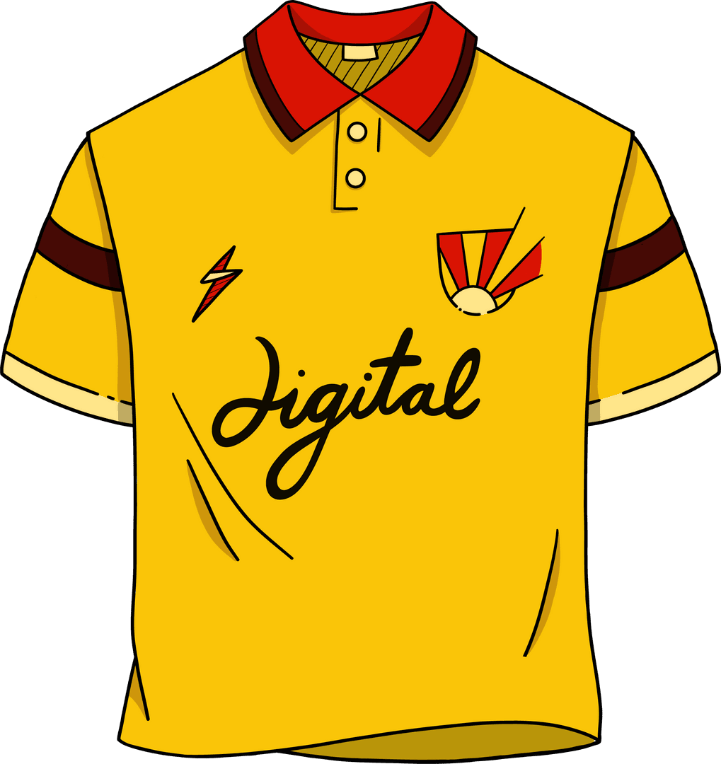 Yellow Polo Shirt with Red Collar and Graphic Design on Transparent Background