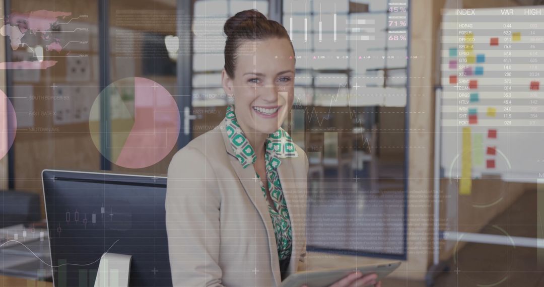 Businesswoman Engaging with Data Visualizations on Tablet in Office