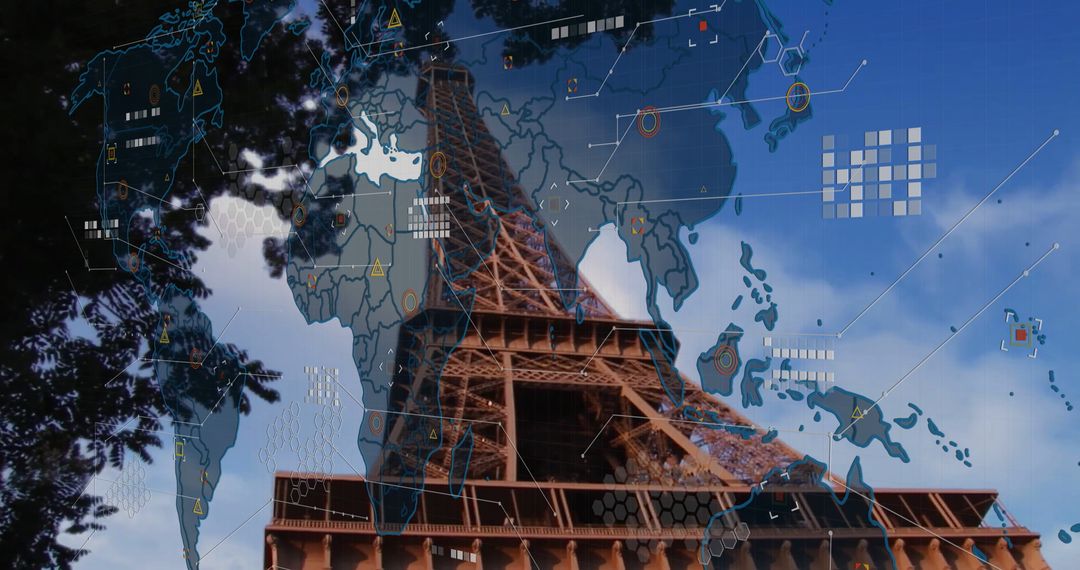 Eiffel Tower with Digital World Map Overlay Symbolizing Global Connectivity