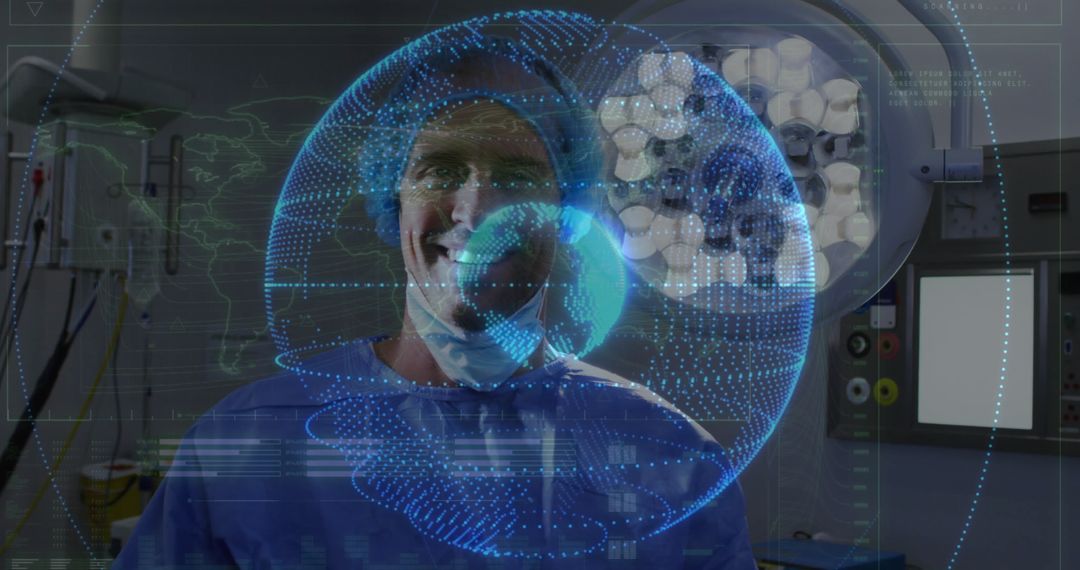 Surgeon Analyzing Digital Globe Hologram in Operating Room