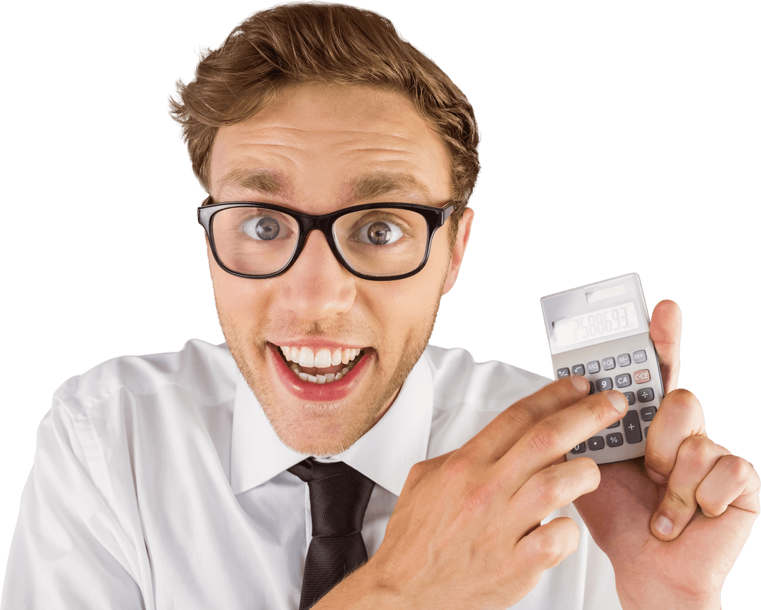 Transparent Geeky Businessman Enthusiastically Calculating