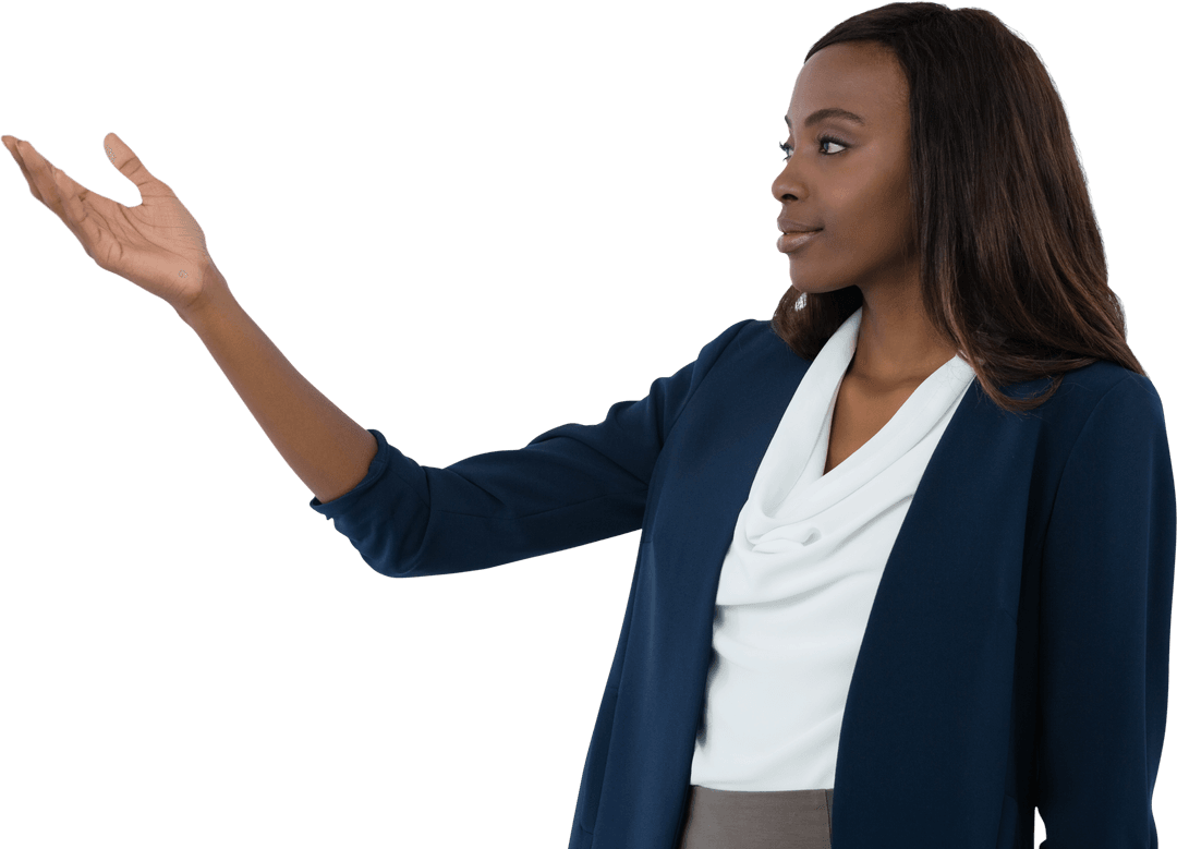 Transparent Professional Businesswoman Gesturing in Formal Attire