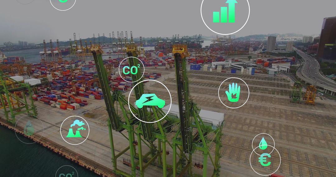 Digital Ecology and Efficiency Icons Over Container Port Facility