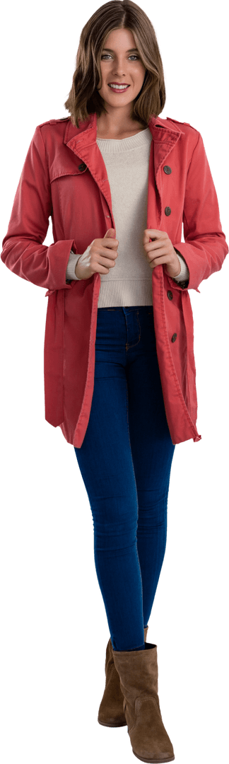 Smiling Woman in Red Trench Coat on Transparent Background