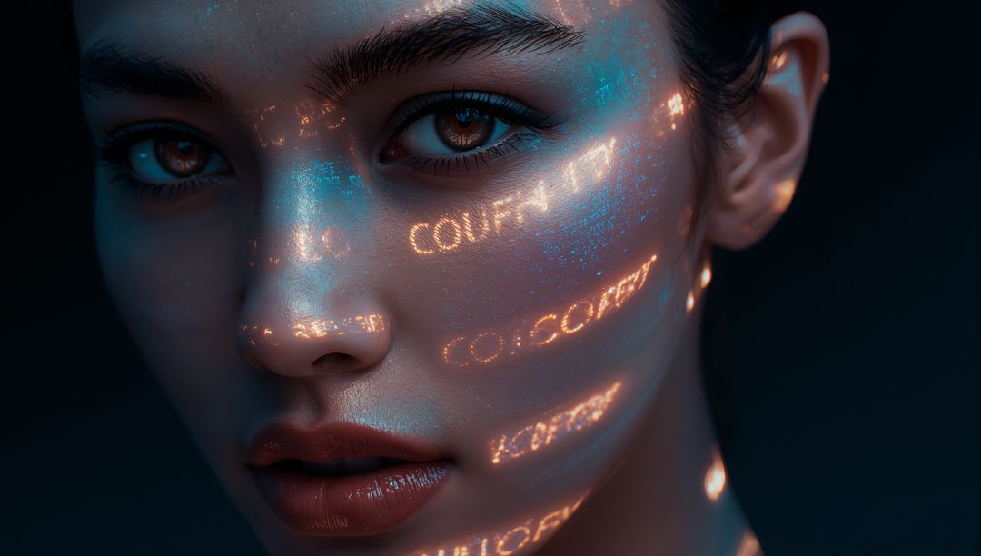Female face receiving glowing code projections and luminous makeup in moody blue futuristic