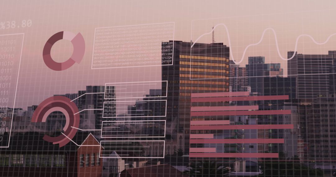 Financial Data Analysis Overlay on Urban Cityscape at Dusk