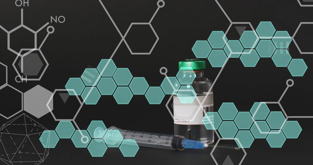 Vial and Syringe with Chemical Formulas in Background of Biomedical Research
