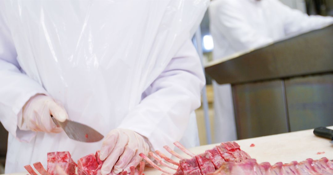 Butcher Cutting Fresh Lamb Ribs in Meat Processing Facility - Free Images, Stock Photos and Pictures on Pikwizard.com