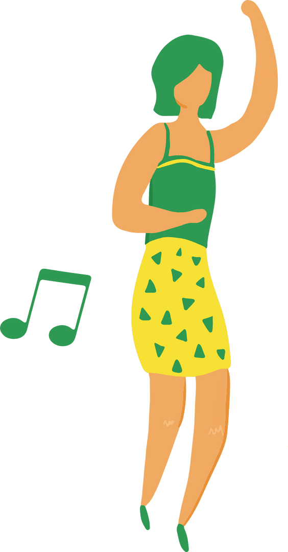 Stylized Dancing Woman with Green Musical Note on Transparent Background