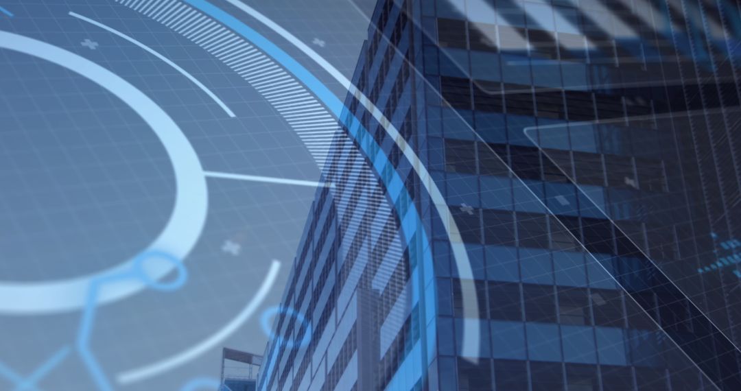 Futuristic Interface Overlay on Modern Office Building