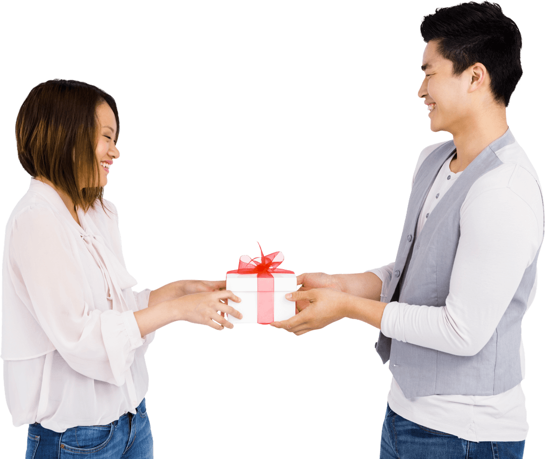 Joyful Couple Exchanging Gift Transparent Background