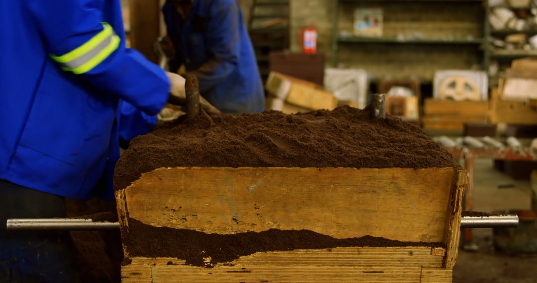 Workers Packing Soil in Wooden Molds at a Workshop - Free Images, Stock Photos and Pictures on Pikwizard.com