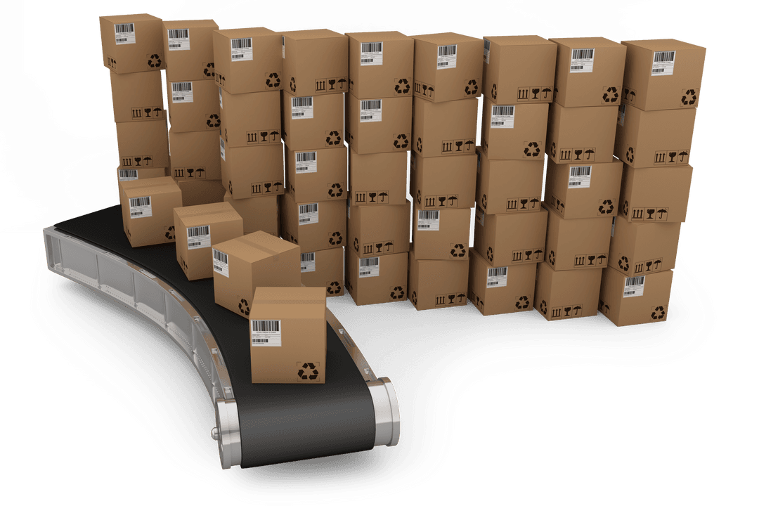 Transparent Boxes Conveyor Belt Delivering Cardboard Stack