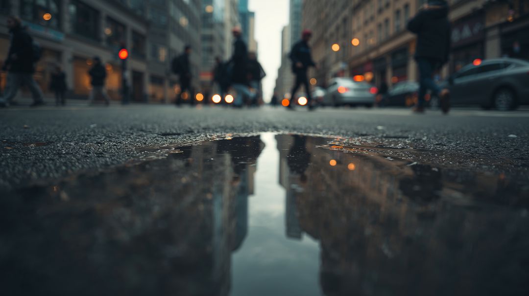 Low-angle puddle reflecting urban skyline with blurred pedestrians and bokeh headlights