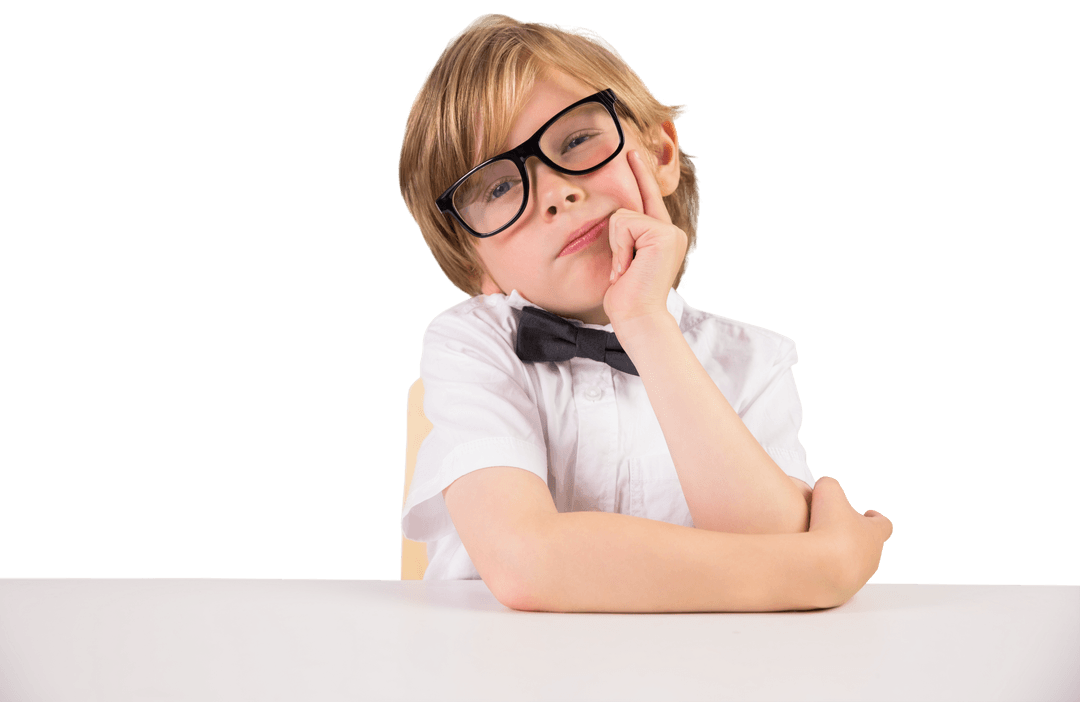 Curious Schoolboy in Glasses at Desk on Transparent Background
