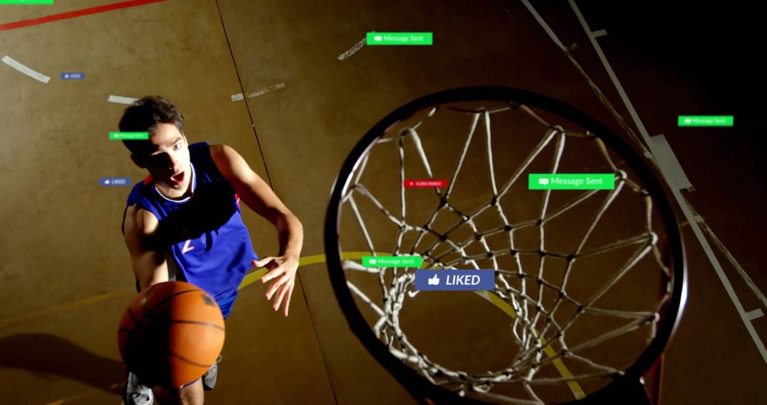 Dynamic Basketball Player in Mid-Action Under Hoop