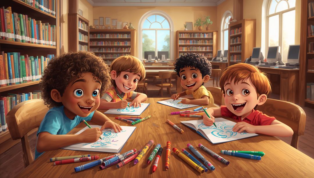 Kids in Library Enthusiastically Engaging in Creative Art Activities