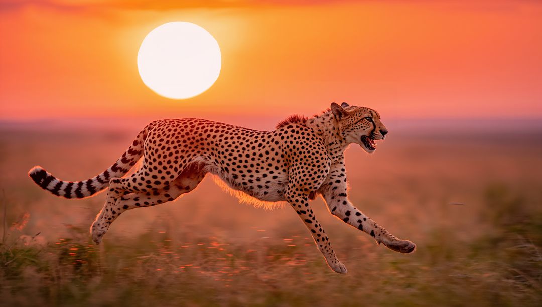 Cheetah Sprinting Beyond Savannah Sunset Silhouette