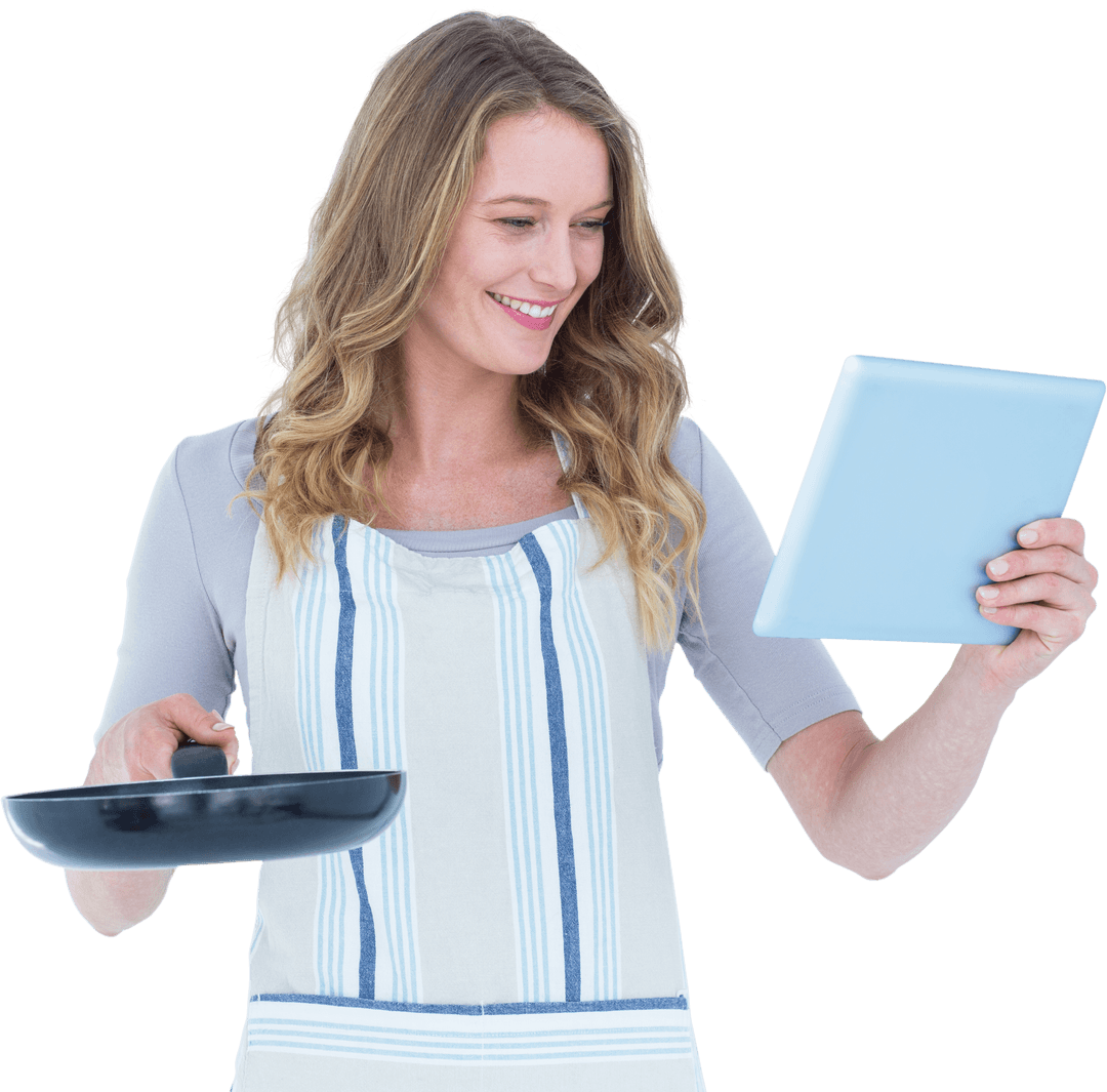 Smiling Woman Cooking Holding Frying Pan Tablet Transparent Background