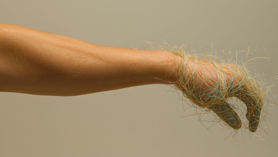 Extending Forearm Wrapping in Multicolor Threads Creating Textured Surreal Hand