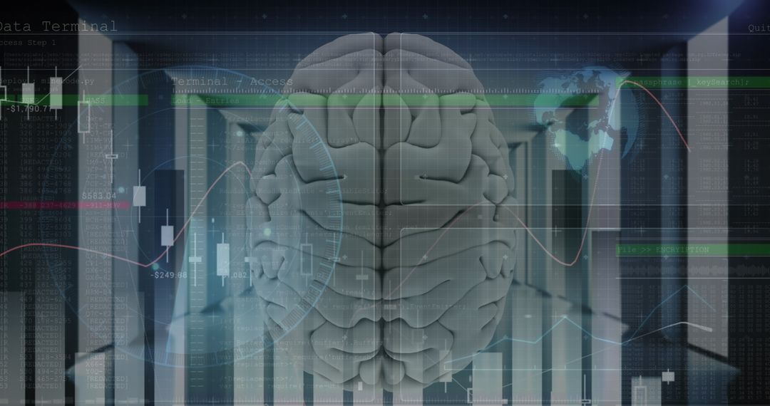 Digital Brain Over Faded Server Room and Data