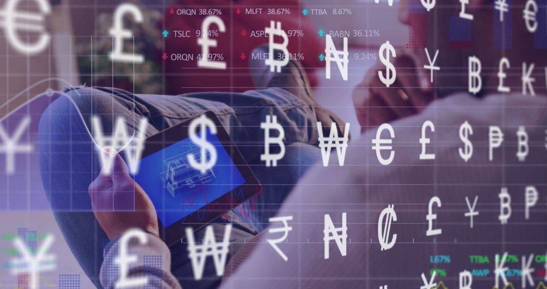 Man Analyzing Digital Schematic with Global Currency Symbols