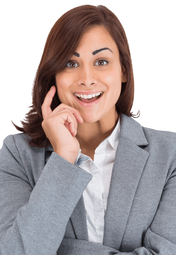 Smiling Businesswoman With Hand on Face on Transparent Background