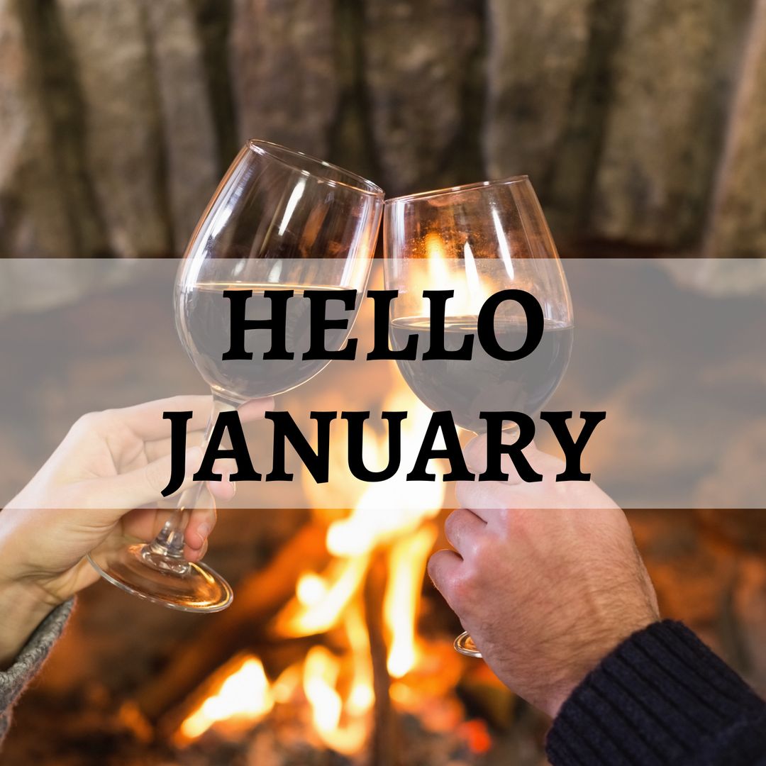 January Celebration by Campfire with Wine Glasses Clinking