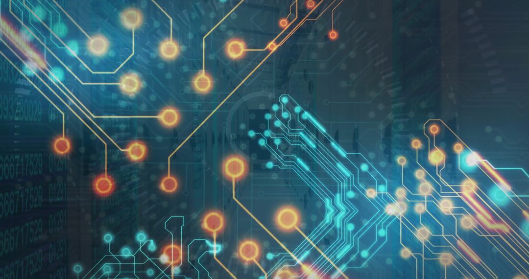 Futuristic Circuit Board Overlay on Illuminated Server Room