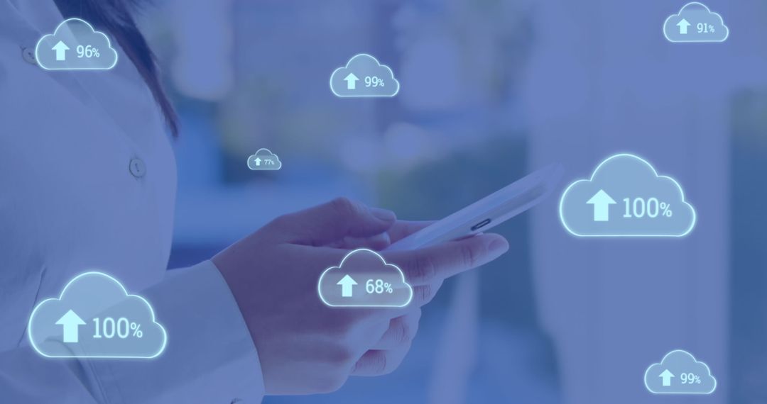 Asian Woman Interacting with Virtual Cloud Icons on Smartphone