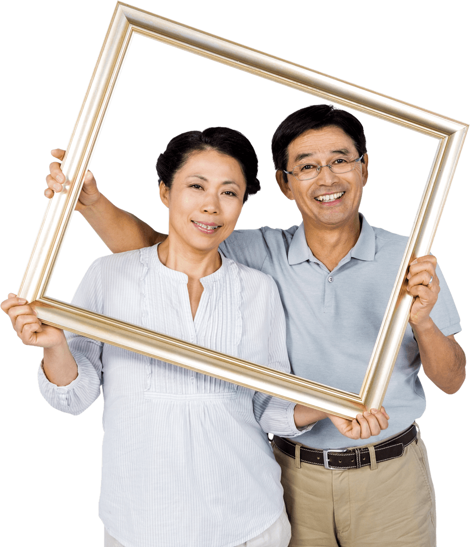 Elderly Couple Holding Transparent Frame Smiling Happily